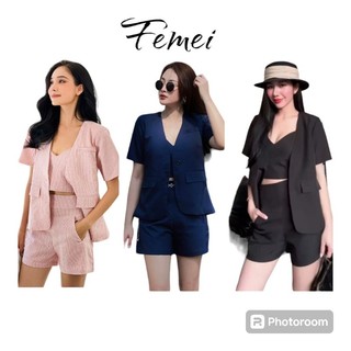femei - Set 3 món - Áo blazer vest, áo 2 dây, quần ngắn ( đen - xanh navy - hồng )