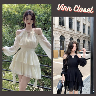 Váy cổ yếm hở vai đính ngọc , đầm trễ vai chất voan tơ 2 lớp có dây đai tôn dáng HV182 Vinn_Closet