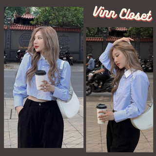 Áo sơ mi croptop kẻ sọc xanh , áo sơ mi dài tay phối cổ trắng dễ phối đồ HA110