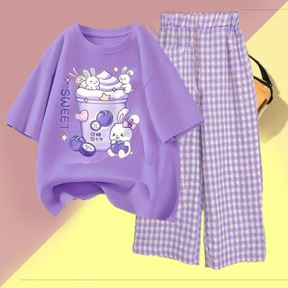 Set tím Sweet ly kem dễ thương kèm quần caro mềm mịn cho bé gái 23-50kg form thoải mái