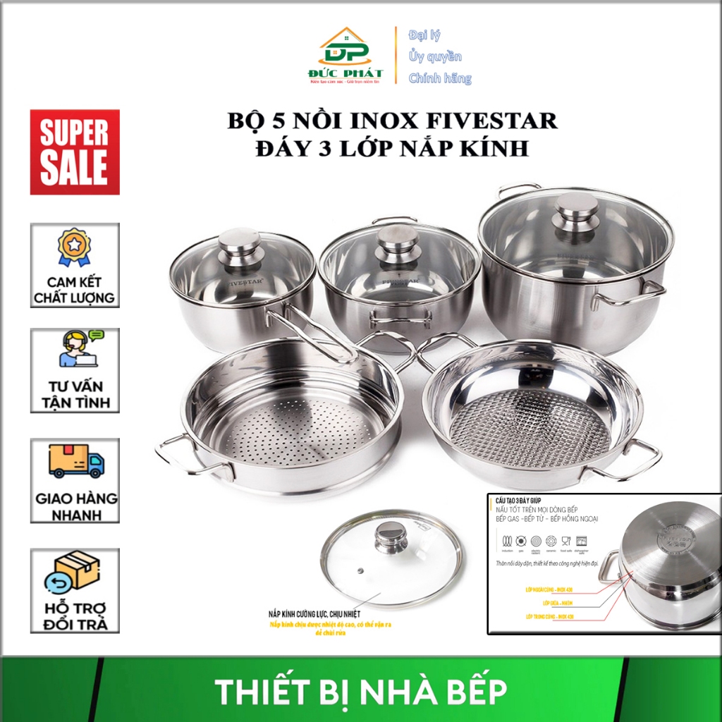 Bộ 5 nồi inox Fivestar 3 đáy nắp kính dùng được trên nhiều loại bếp gas,hồng ngoại, bếp từ, Bh 5 năm