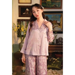 1404 bộ ngủ tơ tằm pyjama dáng dài hoa trắng nền tím / set0001-4