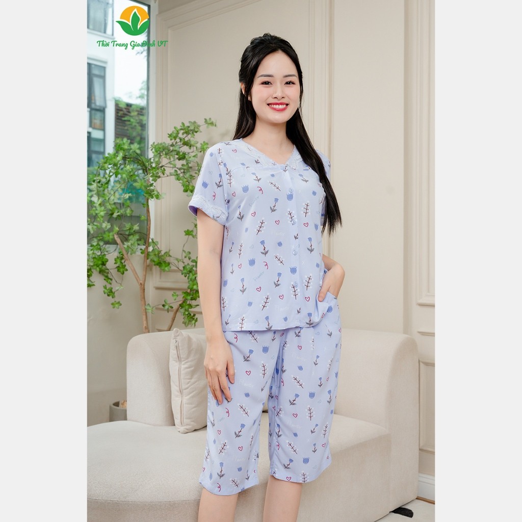 Bộ lanh nữ mặc nhà quần lửng, áo cộc tay cổ V phối ren họa tiết thời trang Việt Thắng - B06.2410