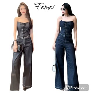 femei - Set jean áo Corset cúp ngực có gọng phối quần jean suông dài ( 2 màu )