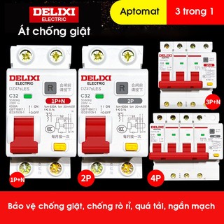 Bộ aptomat rcbo át chống giật dòng rò delixi c63 c40 c32 c20 c16 2 pha cb chống giật, aptomat chống giật