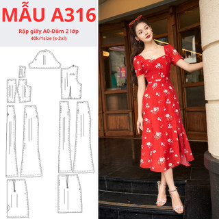 Rập giấy a0 đầm 2 lớp cổ vuông chân váy xẻ tà -mã a316