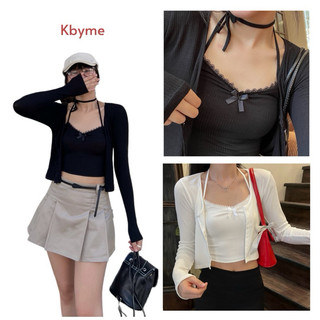 ERA Set - Set áo yếm nơ cột dây và áo khoác tay dài chất thun gân co giãn