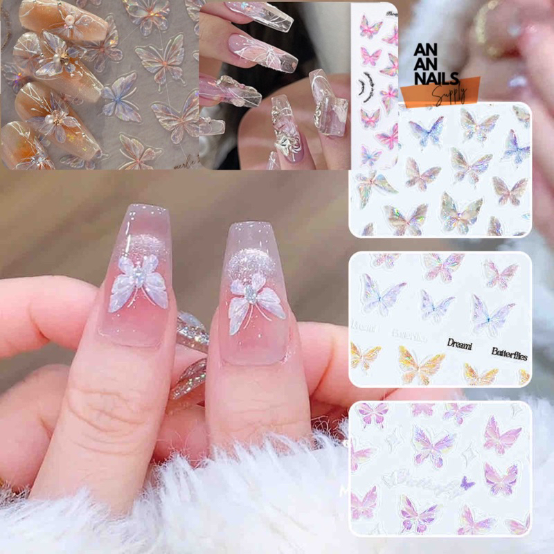 Stick Lụa Nổi 5D Bướm Aurora Lấp Lánh , Hình Dán Móng Tay
