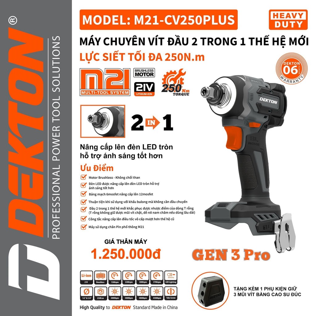 [GEN 3] Thân Máy Chuyên Vít 250N.m DEKTON M21-CV250PLUS Đầu 2 Trong 1 Thế Hệ Mới