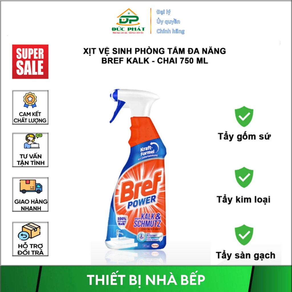 XỊT VỆ SINH PHÒNG TẮM ĐA NĂNG BREF KALK CHAI 750 ML xử lý vôi cặn, vết ố kính và làm sạch nhà tắm