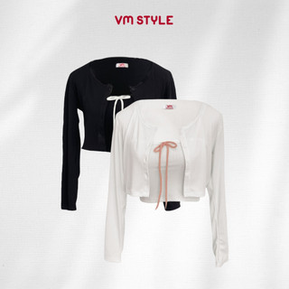 Set áo kiểu nữ VMSTYLE 2 dây croptop đính nơ kèm khoác ngoài tay dài đi chơi, đi biển TR04 -ASU00547