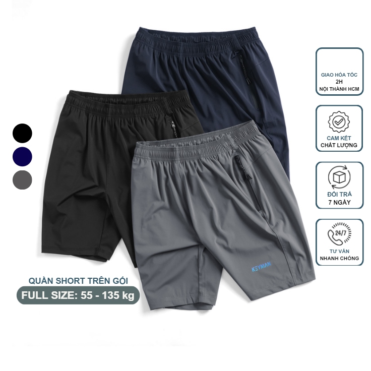 Quần short đùi thể thao nam chất gió lụa co giãn 4 chiều cao cấp chống nhăn thoáng mát có big size tới 130kg KEYZIPSU