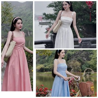 Đầm thời trang nữ 2 dây cột nơ có mút ngực mocking thân sau chất lụa 100D váy dài xòe maxi C