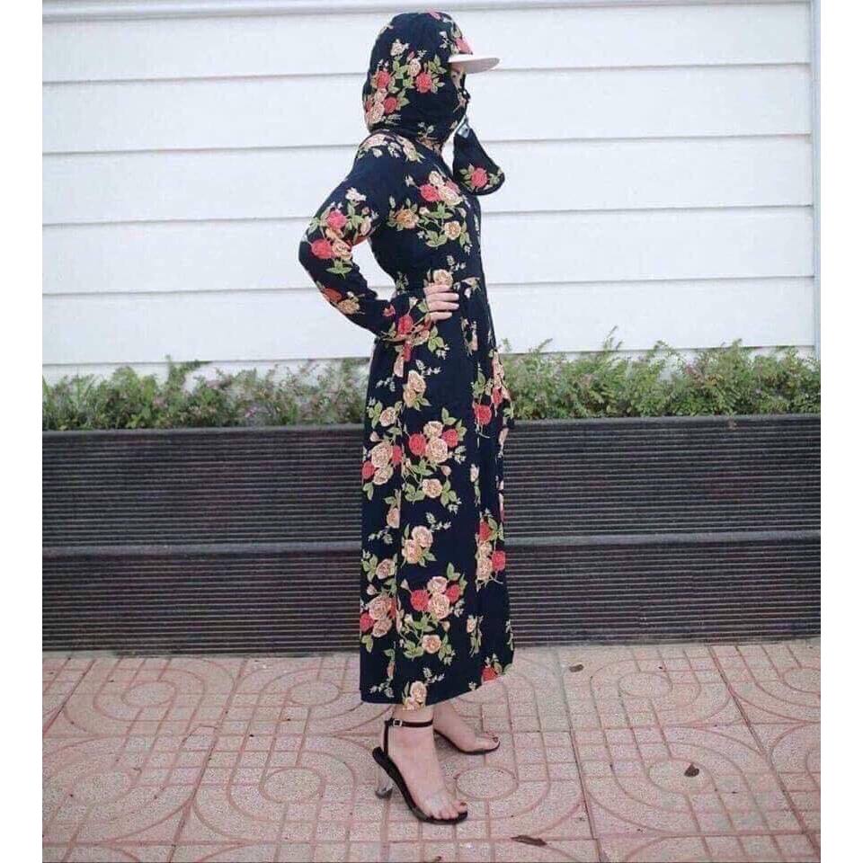 Size S- Áo chống nắng nữ toàn thân lanh nhung Nhật 4 lớp họa tiết hình dài kín chân - ao chong nang 