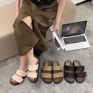 Dép thời trang 2 quai dây ngang thêu Miuu chất da mềm êm đế bánh mì cao 4cm