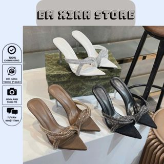  Guốc cao gót 9 phân gót nhọn quai chéo đính đá dép cao gót hot trend mã Hd14 