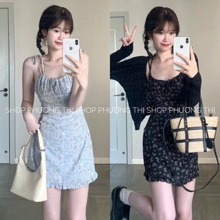 Váy hoa nhí 2 dây buộc nơ vai xinh xắn tiểu thư Hàn