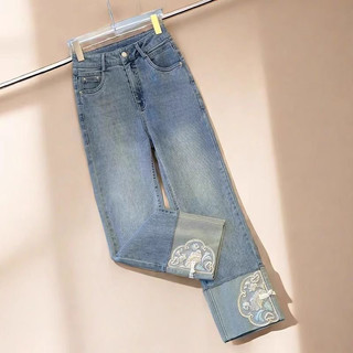Quần jeans nữ ống đứng gấp gấu hoạ tiết hoa