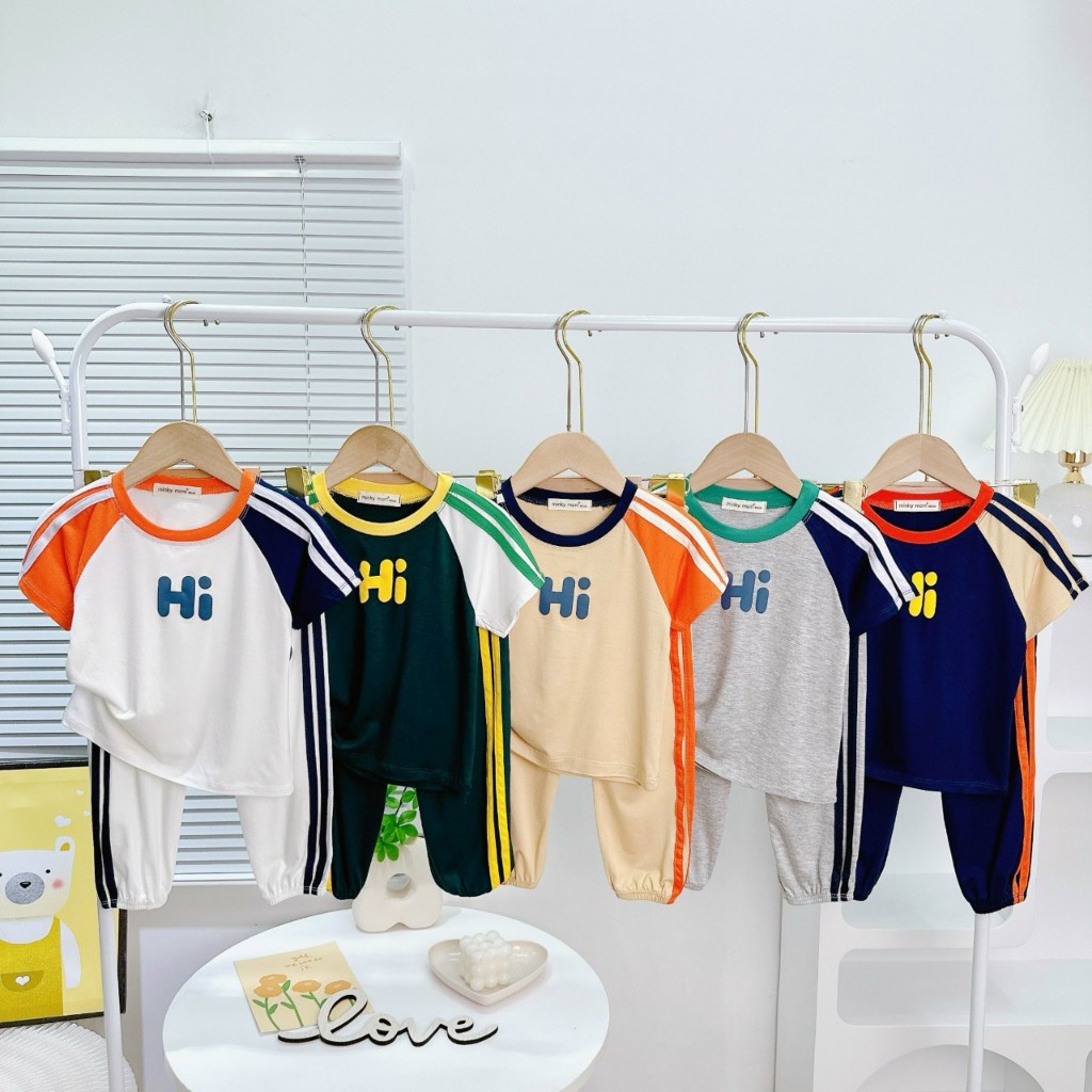  Size 80-150  7-27kg  Bộ thun lạnh Minky Mom Tay ngắn quần dài Alibaba viền sọc thể thao cho bé trai bé gái siêu cưng 