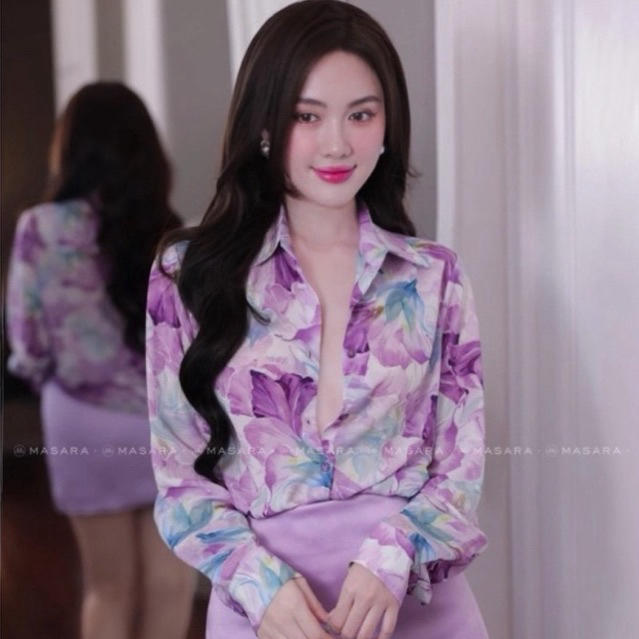 Ao Sơ Mi Nữ tay dài họa tiết, áo sơ mi hoa chất liệu lụa latin thoáng mát