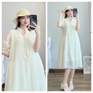 [HÀNG THIẾT KẾ] Váy bầu công sở thiết kế dáng suông phối tay ren chất lụa hàn châu freesize tới 70kg
