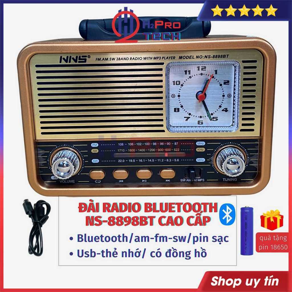Đài FM Radio Bluetooth NS8898BT Có Đồng Hồ Cổ Điển - Công Nghệ Nhật, Loa Thẻ Nghe Nhạc - H2Pro Tech