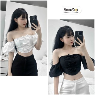   CÓ MÚT NGỰC  Áo Croptop Cúp Ngực Trễ Vai Tay Bồng Vạt Bầu Phối 3 Nơ Tiểu Thư 