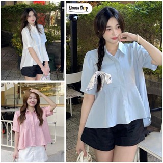 Áo Sơ Mi Kiểu Baby Doll Tiểu Thư Tay Lỡ Đuôi Tôm Vạt Trước Xếp Li