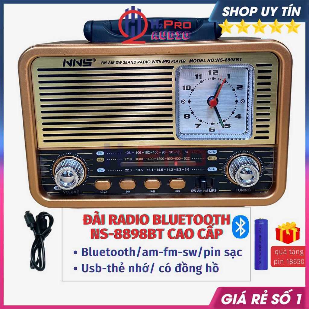Đài FM Radio Bluetooth NS8898BT Cổ Điển Có Đồng Hồ - Công Nghệ Nhật, Loa Thẻ Nghe Nhạc - H2Pro Audio