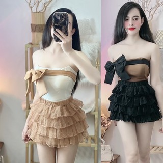 Set áo cúp nơ phối chân váy voan tầng