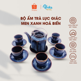 Bộ Ấm Trà Lục Giác Men Xanh Hoả Biến  ACTX-03- Gốm Sứ Bát Tràng