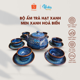 Bộ ấm trà hạt xanh men hỏa biến ACTX-04  màu xanh đẳng cấp - Gốm Sứ Bát Tràng