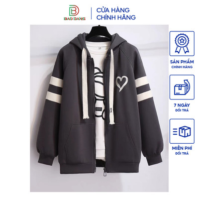 Áo khoác hoodie zip from rộng chất liệu nỉ  bông họa tiết hình trái tim Bảo Đăng.