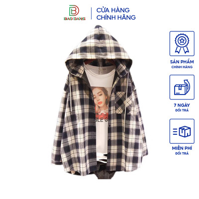 Áo khoác sơ mi có nón 2 lớp from rộng unisex sọc caro đi nắng cách nhiệt tốt mẫu 2024 Bảo Đăng.