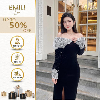 Đầm body kiểu nữ Emili dáng cổ ren dài tay xẻ đùi đi chơi tết đi dự tiệc 