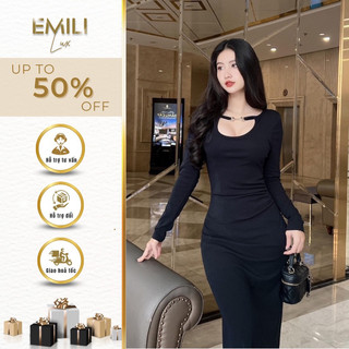 Đầm body dài tay Emili váy body dài tay phối cổ đi tiệc kiểu xinh 
