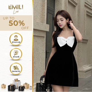 Váy 2 dây Emili chất nhung thiết kế dáng đeo nơ ngực kiểu nữ 
