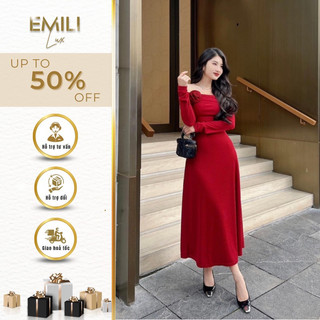 Đầm lệch vai dài tay dáng xuông trễ vai cổ nơ màu đỏ đi chơi tết 