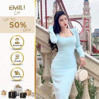 Đầm body cổ vuông Emili phối cách đầm dài tay công sở 