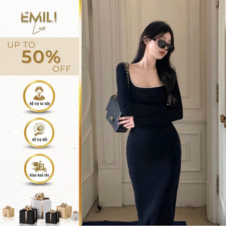 Đầm body cổ vuông Emili, đầm body dài tay chất Xleo sang chảnh 