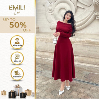 Đầm trễ vai dáng xòe Emili chất xleo, dầm dài tay chong cách 
