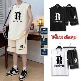 Bộ ba lỗ mùa hè phối viền sọc sét quần áo mặc nhà tập gym nam nữ unisex in họa tiết chữ R chất vải thun mè thấm hút