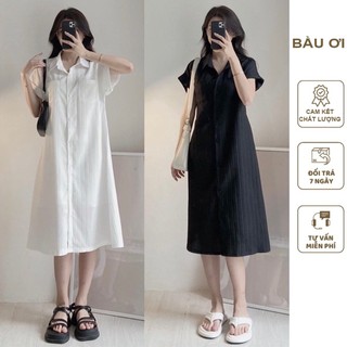 Đầm váy bầu sơ mi công sở dáng suông dài chất mềm mát v837 - váy cộc tay mùa hè hottrend style hàn quốc freesize