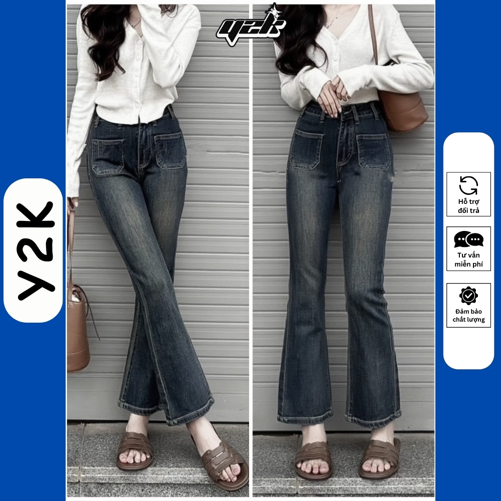 Quần jean loe nữ cạp cao màu xanh rêu bụi, quần bò rin ống loe co giãn, jeans lưng cao túi ngược Y2K