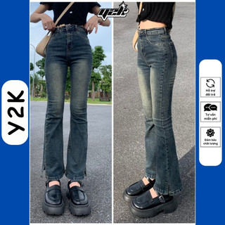  Quần bò loe nữ jean cạp cao màu xanh than quần rin ống loe co giãn jeans lưng cao xẻ gấu Y2K 