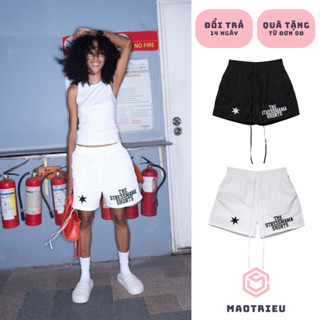 Quần đùi gió MAOTRIEU Nam Nữ BASIC in logo co dãn dáng rộng lưng chun dây rút thoải mái vận động phong cách streetwear