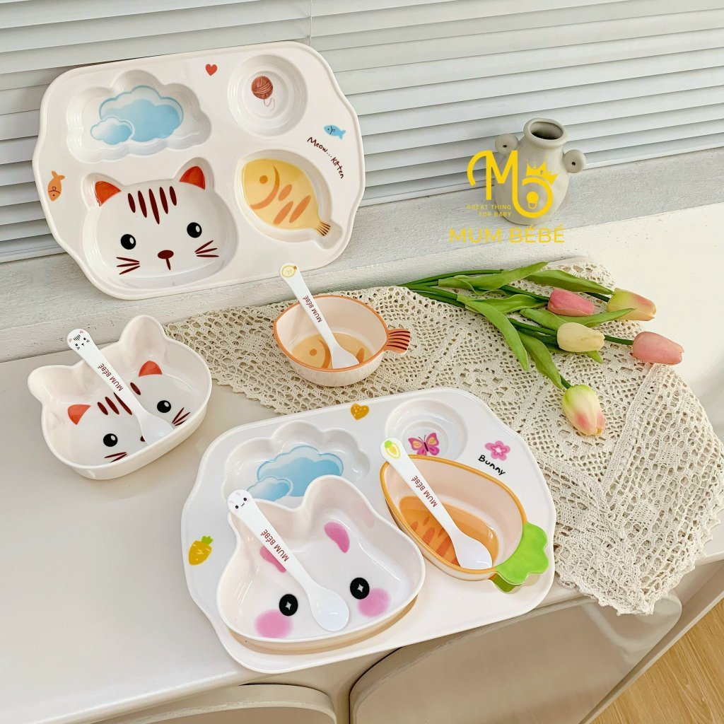 Khay Ăn Dặm Mumbebe Chất Liệu Nhựa Melamine  Kèm Hai Bát Chịu Nhiệt Tốt, Khay Bát Ăn Dặm Cho Bé Mumb