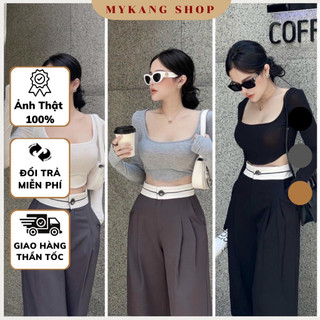 Quần ống suông cạp phối viền vải Ruby quần ống rộng cạp cao MyKang MK30