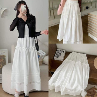 Chân Váy Trắng Dài Dáng Xòe Phối Ren Gấu, Labibi