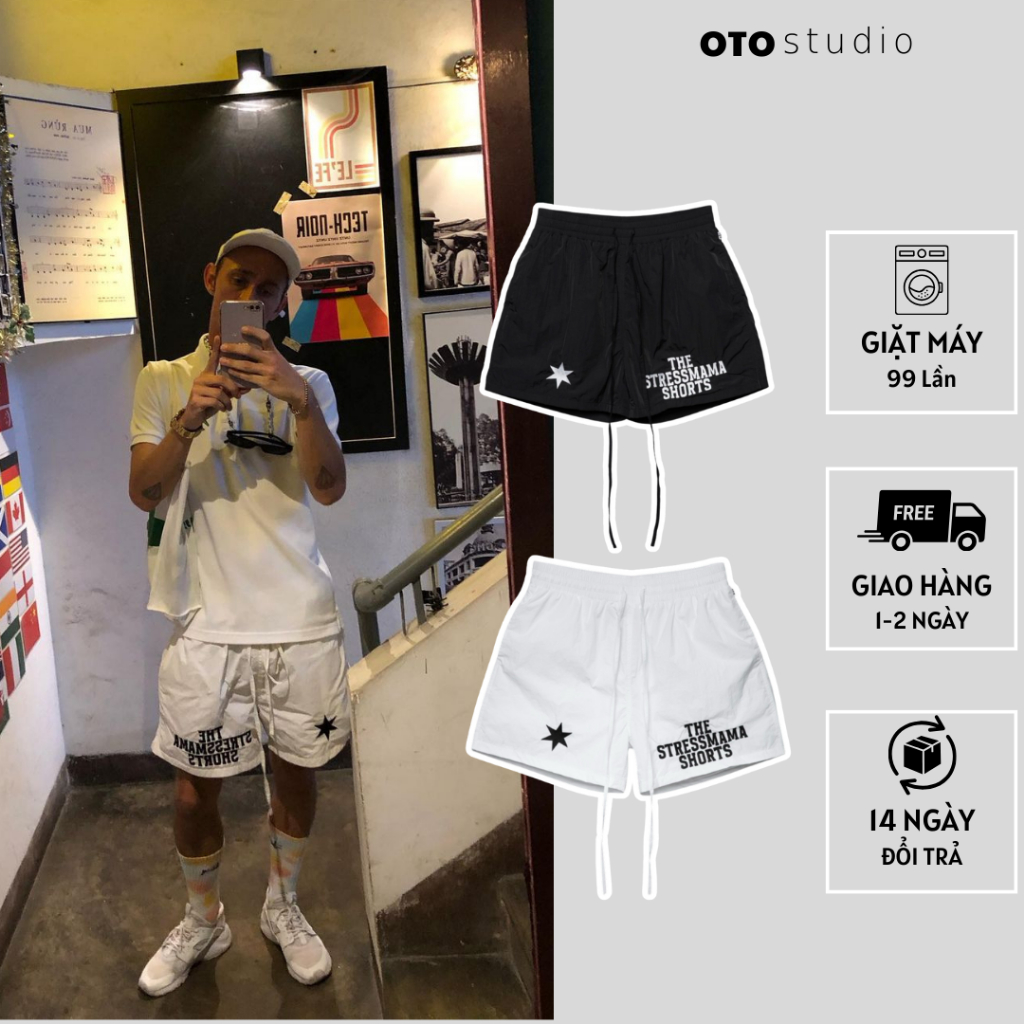 Quần short gió OTO STUDIO in logo basic big size streetwear dáng rộng lưng chun dây rút phong cách thời trang hè